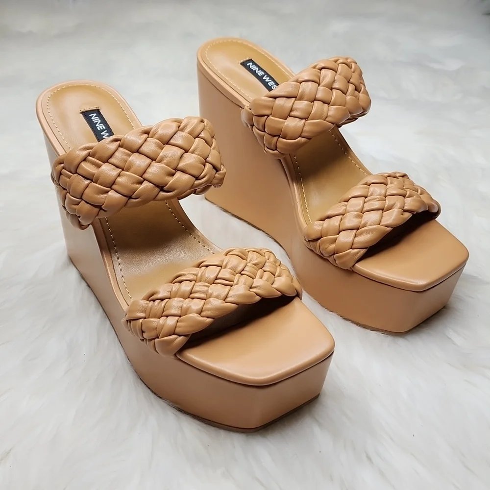 Nine West Nessie 3 Platform Wedge Heels Light Cognac